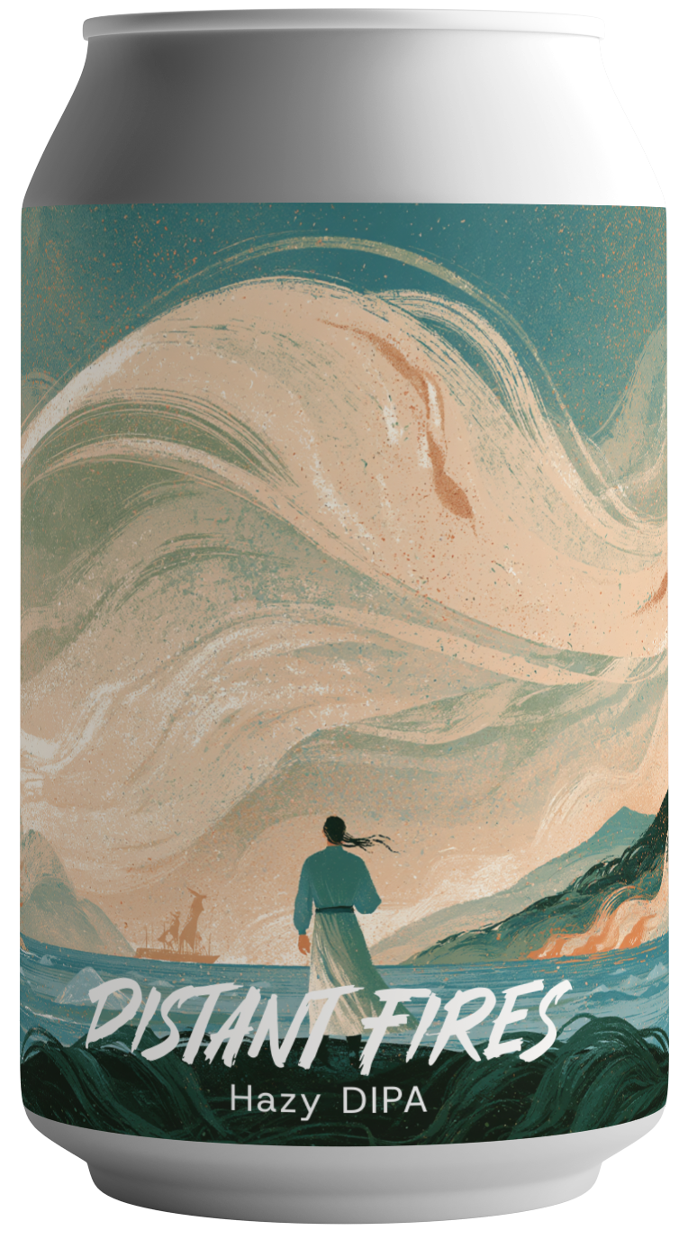 Canette Distant Fires face avant — Hazy DIPA 8%, illustration Patagonie | Unseen BC