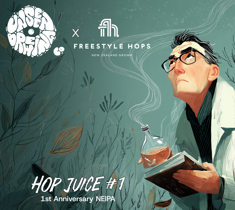 Étiquette Hop Juice #1 NEIPA 6,5% — collab Freestyle Hops | Unseen Brewing Co.